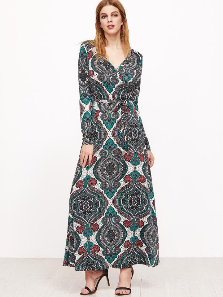 Shein Green Tribal Print Self Tie Warp Dress