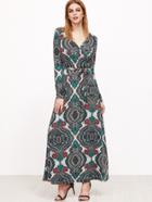 Shein Green Tribal Print Self Tie Warp Dress