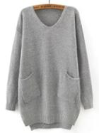 Shein Grey V Neck Pockets Loose Sweater
