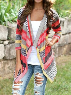 Shein Multicolor Long Sleeve Striped Dip Hem Retro Cardigan