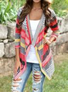 Shein Multicolor Long Sleeve Striped Dip Hem Retro Cardigan