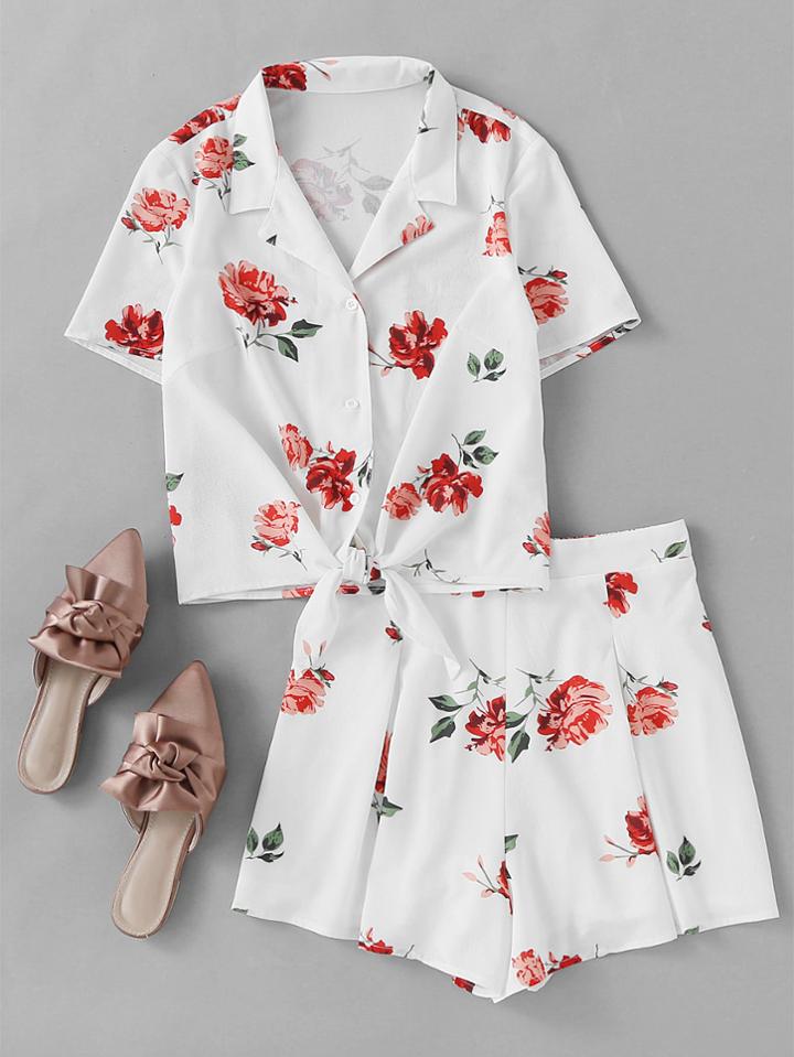 Shein Flower Print Tie Front Blouse With Box Pleated Shorts