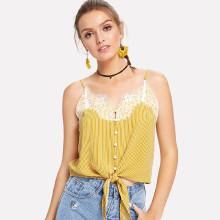 Shein Lace Applique Stripe Button Cami Top
