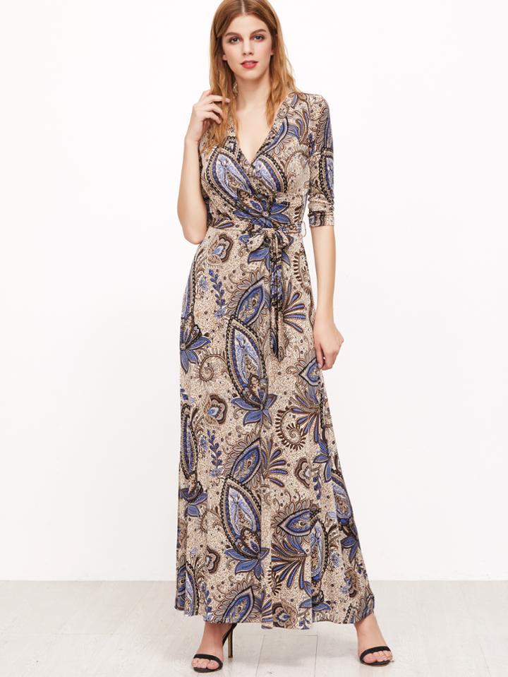 Shein Apricot Tribal Print Self Tie Mxai Dress