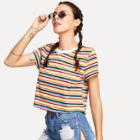 Shein Contrast Neck Colorful Striped Tee