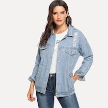 Shein Faux Pearl Ripped Denim Jacket