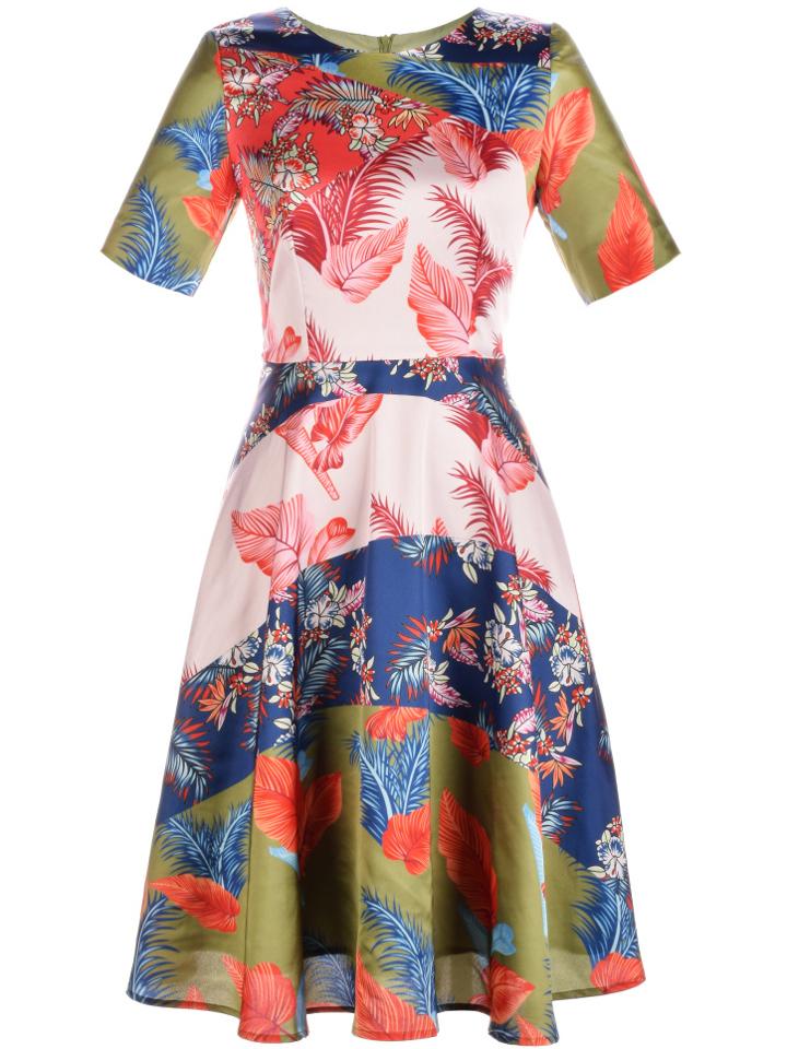 Shein Multicolor Crew Neck Leaves Print A-line Dress