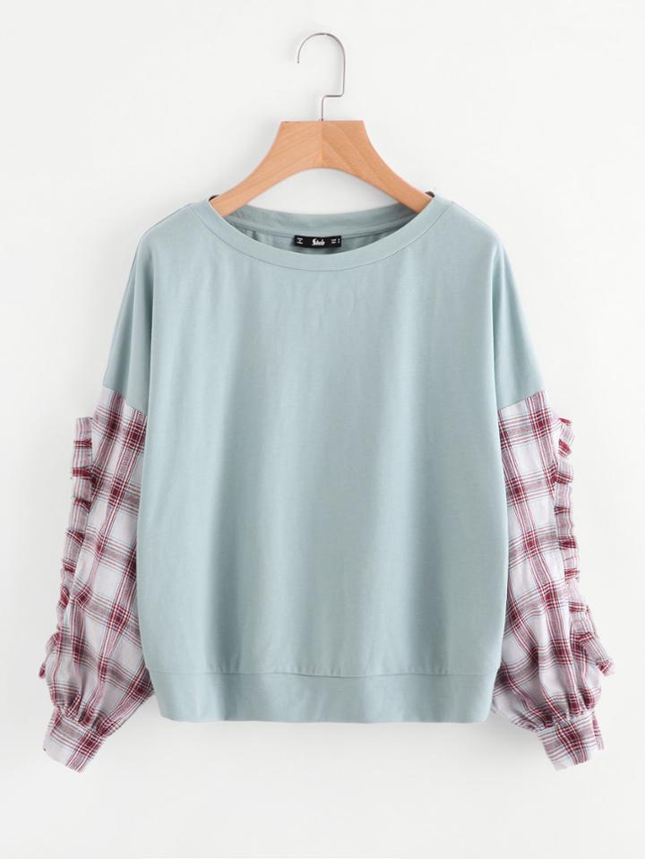 Shein Frilled Checkered Sleeve Mixed Media Sweatshirt