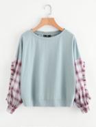 Shein Frilled Checkered Sleeve Mixed Media Sweatshirt