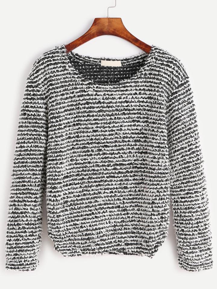 Shein Contrast Stripe Curved Hem Shaggy Sweater