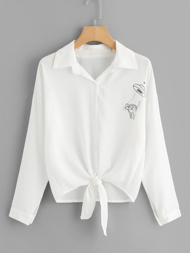 Shein Drop Shoulder Knotted Hem Printed Shirt