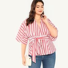 Shein Plus Tassel Tied Open Back Striped Blouse