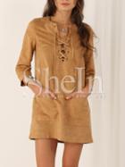 Shein Yellow Long Sleeve Lace Up Pockets Dress