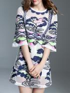 Shein White Bell Sleeve Embroidered A-line Dress