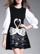 Shein Black Swans Embroidered Shift Dress