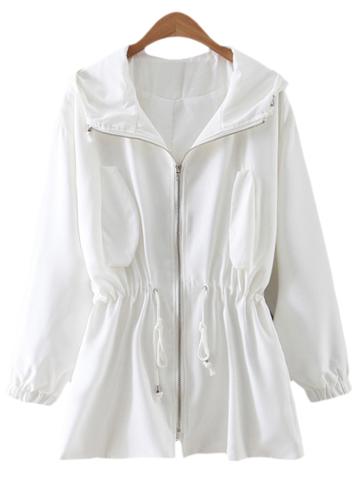 Shein White Drawstring Zipper Front Sunscreen Hooded Outerwear