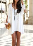 Rosewe Chiffon Split Sleeve V Neck White Dress