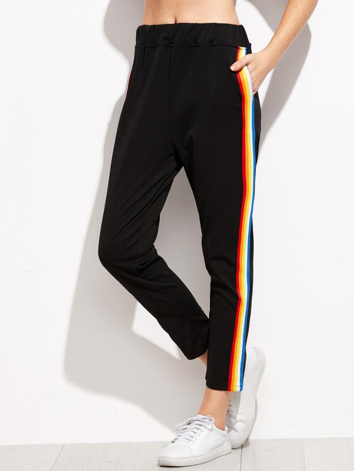 Shein Black Rainbow Stripe Side Pants