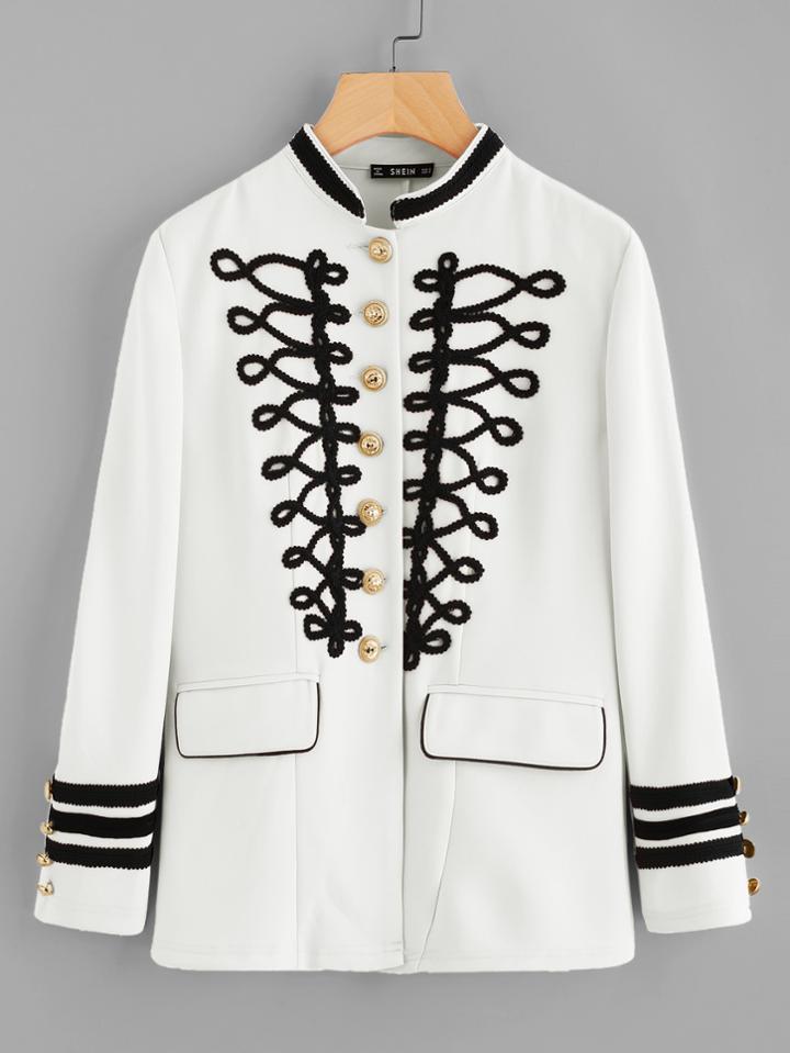 Shein Silver Button Contrast Braided Applique Jacket