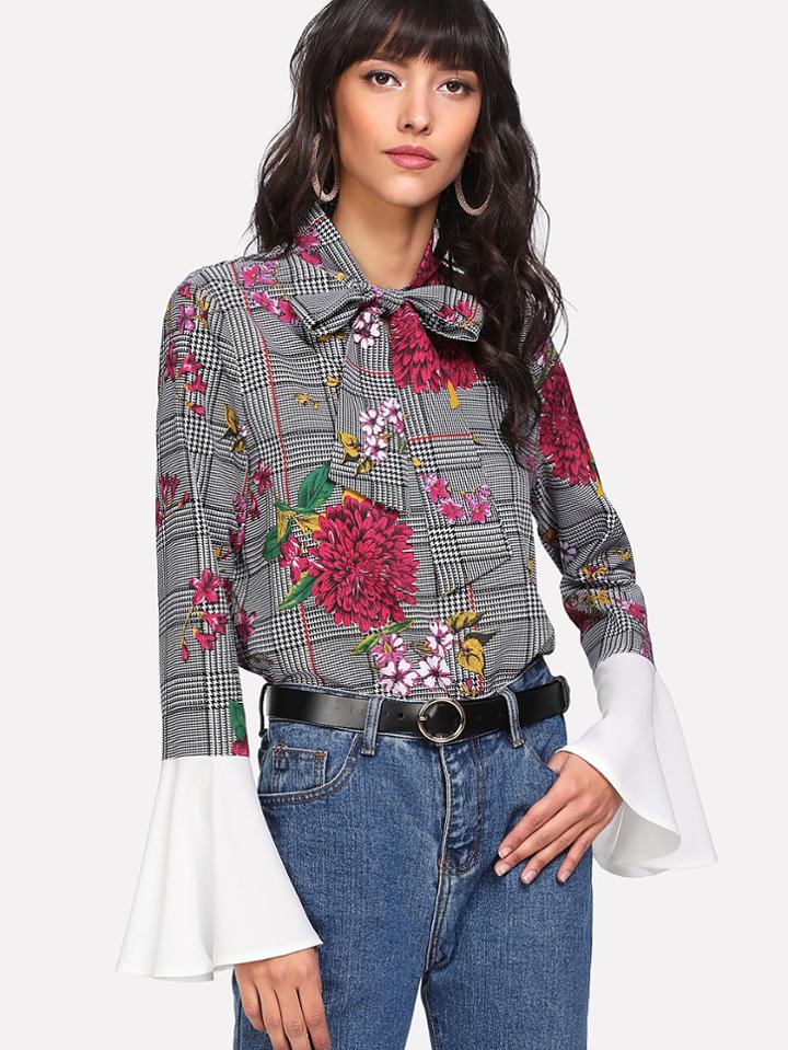 Shein Tie Neck Mixed Print Contrast Flounce Sleeve Top
