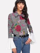 Shein Tie Neck Mixed Print Contrast Flounce Sleeve Top