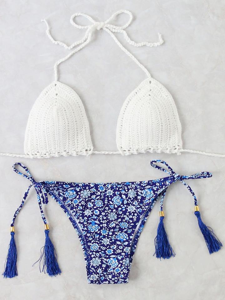 Shein White Floral Print Knit Bikini Set With Tassel