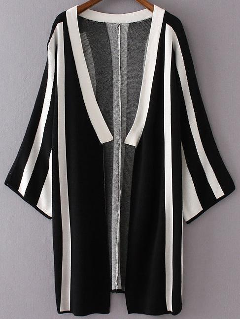 Shein Black Vertical Striped Open Front Long Cardigan