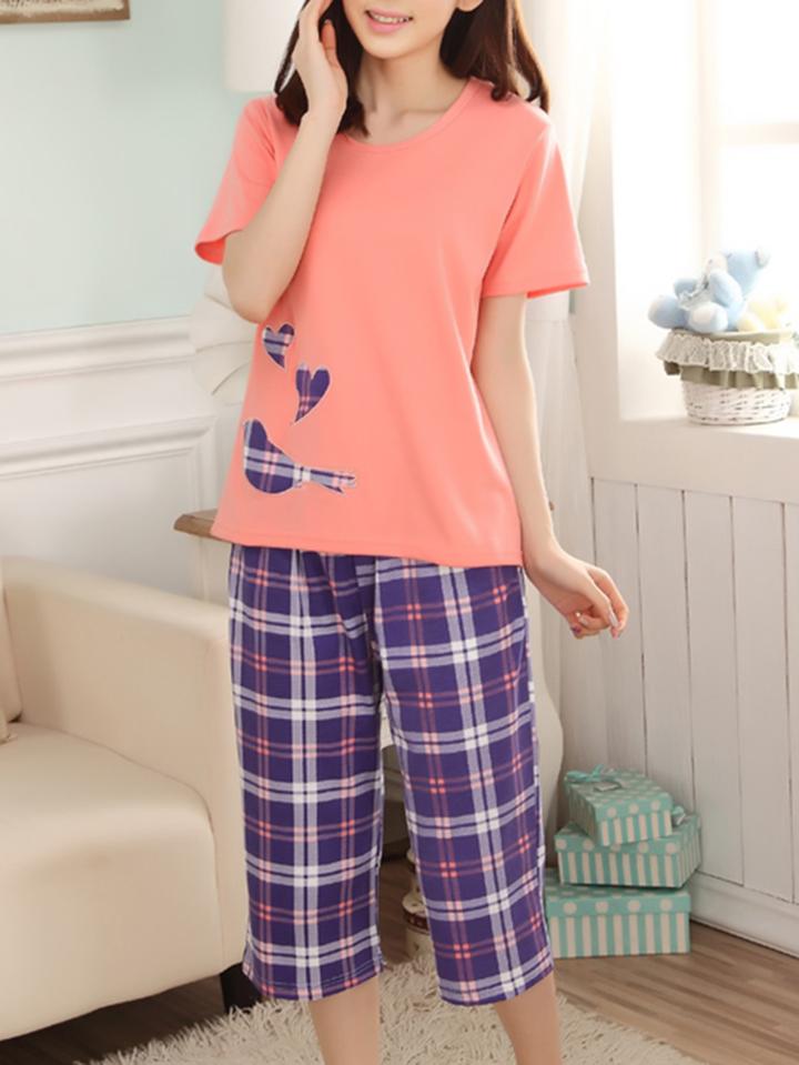 Shein Contrast Plaid Tee & Pants Pj Set