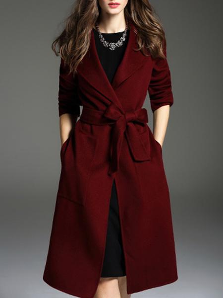 Shein Burgundy Lapel Tie-waist Pockets Coat