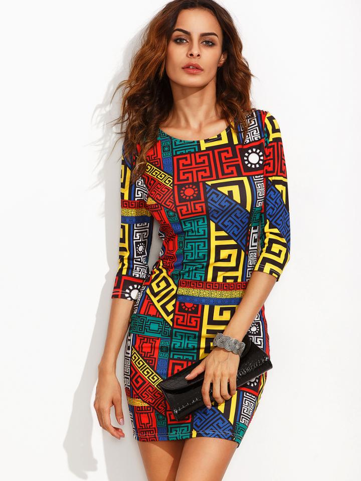 Shein Multicolor Meander Pattern Print Sheath Dress