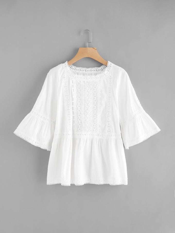 Shein Bell Sleeve Lace Crochet Contrast Blouse