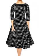 Rosewe Three Quarter Sleeve Bowtie Embellished Dot Print Flare Dress