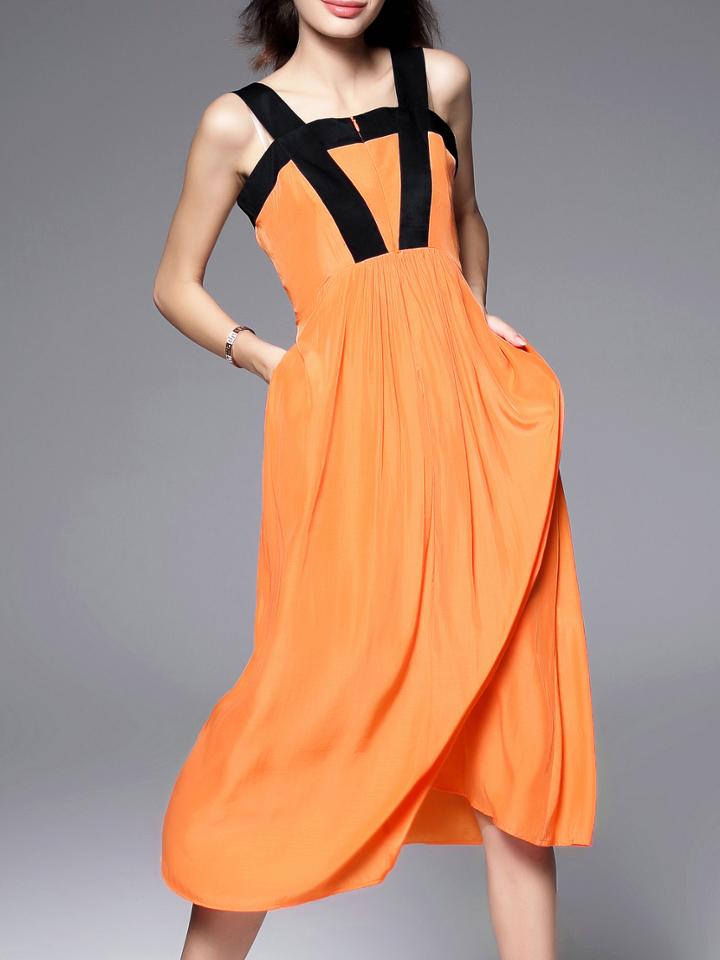 Shein Orange Boat Neck Pockets A-line Dress