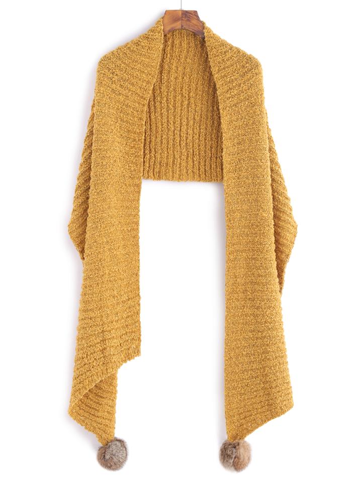 Shein Yellow Ribbed Double Pom Pom Shawl Scarf