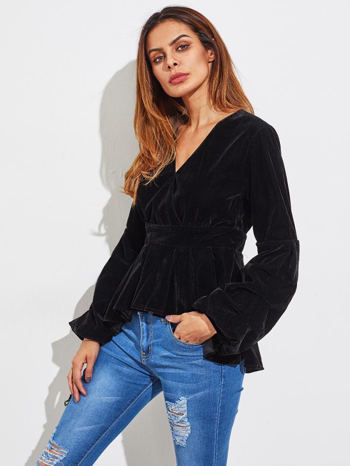 Shein Gathered Sleeve Ruffle Dip Hem Surplice Velvet Top