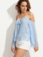 Shein Blue Cold Shoulder Lace Hem Long Sleeve Blouse