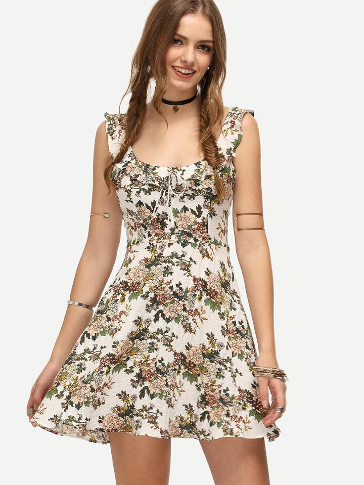 Shein Floral Print Scoop Neck Ruffle Dress