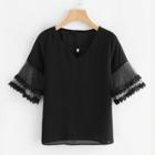 Shein Contrast Mesh Sleeve Lace Trim Top