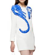 Shein White Round Neck Long Sleeve Fox Print Dress