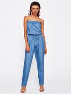 Shein Shirred Bandeau Drawstring Chambray Jumpsuit