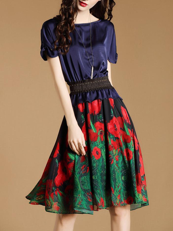 Shein Navy Elastic-waist Rose Print Dress