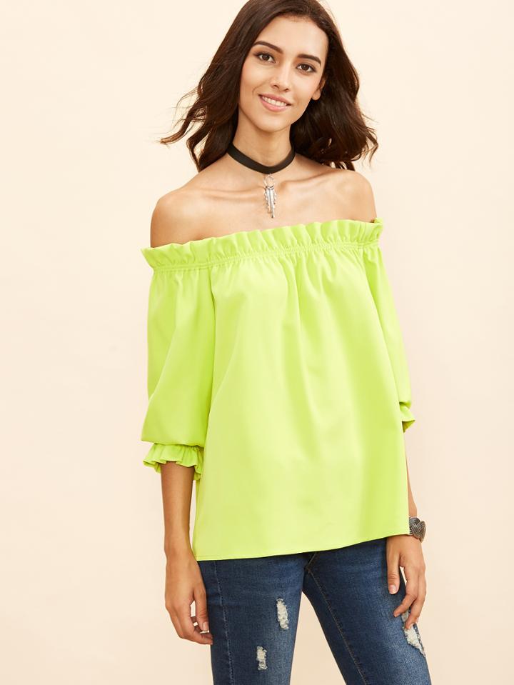 Shein Green Off The Shoulder Frilled Top