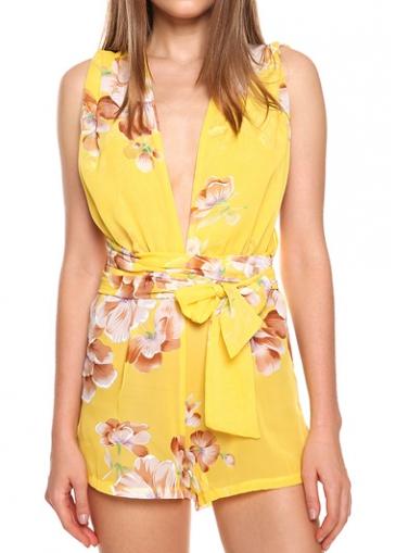 Rosewe Plunging Neckline Sleeveless Printed Yellow Romper