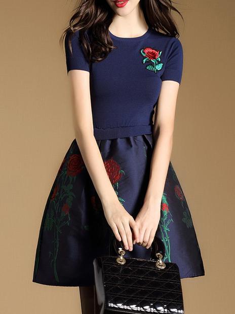 Shein Navy Knit Embroidered A-line Dress