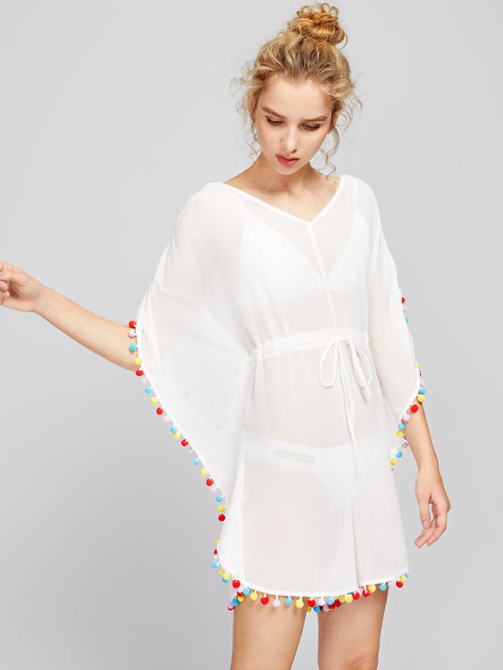 Shein Open Back Pom Pom Trim Chiffon Kaftan Romper
