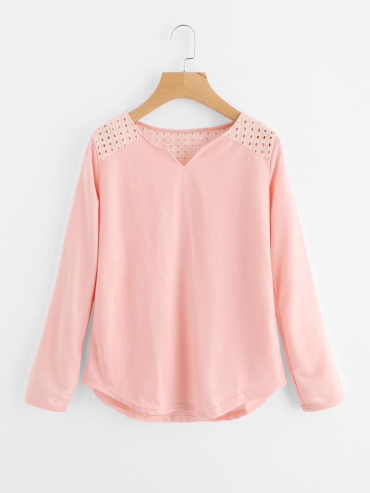 Shein Eyelet Embroidered Paneled V Cut Curved Hem Tee