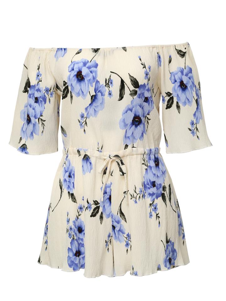 Shein Blue And White Off The Shoulder Floral Jumpsuit