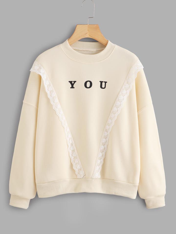 Shein Letter Print Contrast Lace Pullover