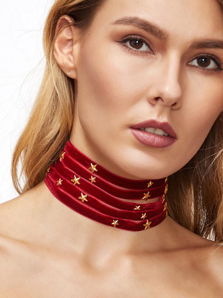 Shein Burgundy Layered Metal Star Wide Choker Necklace