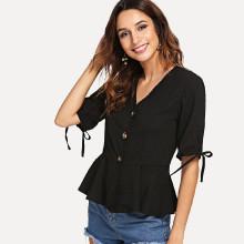 Shein Ruffle Hem Knot Side Button Blouse